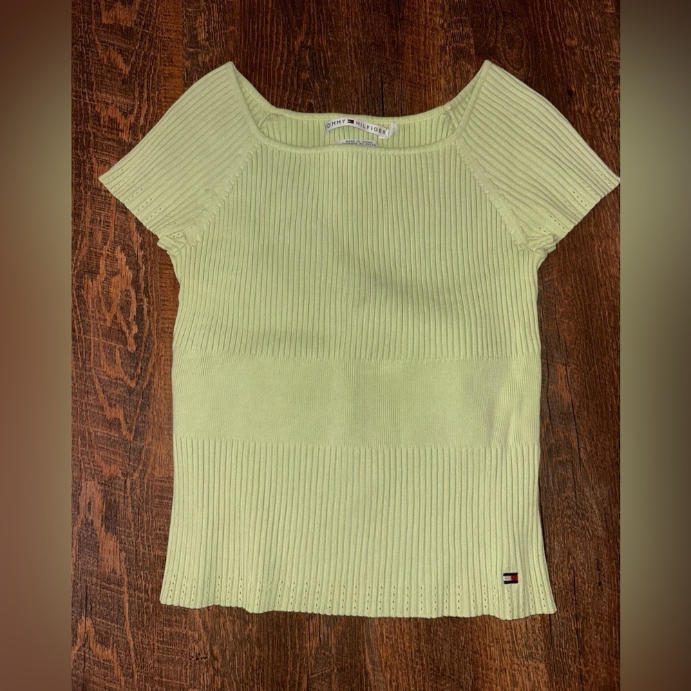 Vintage Tommy Hilfiger Lime Green Ribbed Top Size L Embroidered Logo